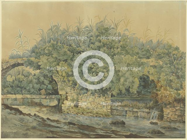 Dilapidated stone bridge over a stream, overgrown with bushes and plants, 18th century. Creator: Unknown.