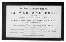 Dinas Colliery Explosion, memorial card, 1879. Creator: Unknown