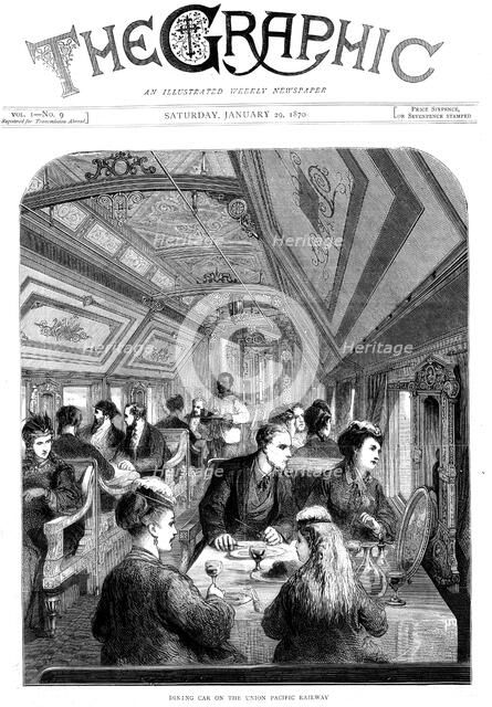 Dining car on the Union Pacific Railroad, USA, 1870. Artist: Unknown