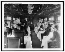 Dining car on a deluxe overland limited train, between 1910 and 1920. Creator: Unknown