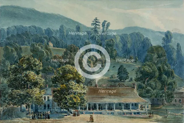 Dining Room and Stage Offices at White Sulphur Springs, 1832. Creator: John Hazelhurst Boneval Latrobe.