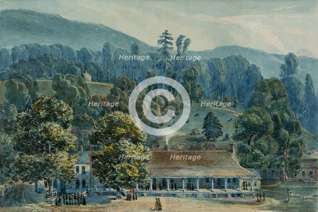 Dining Room and Stage Offices at White Sulphur Springs, 1832. Creator: John Hazelhurst Boneval Latrobe.