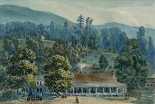 Dining Room and Stage Offices at White Sulphur Springs, 1832. Creator: John Hazelhurst Boneval Latrobe