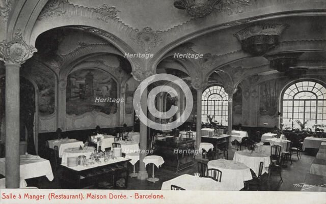 Dining room of the Restaurant Maison Dorée in Barcelona, ??1915 photograph, postcard.