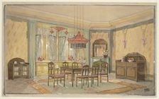 Dining room with yellow walls and red lamp, c.1925. Creator: Monogrammist HK