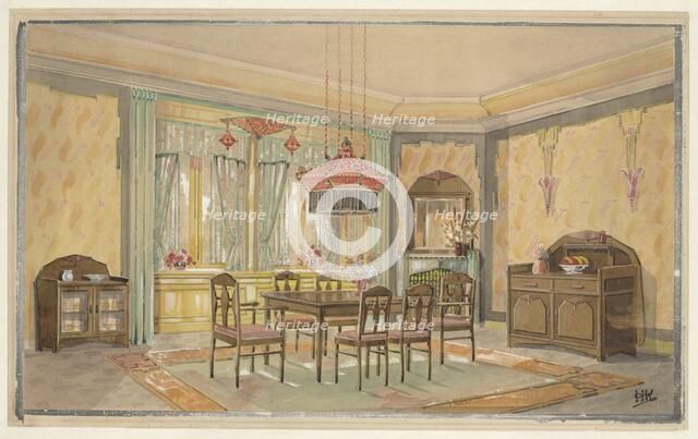 Dining room with yellow walls and red lamp, c.1925. Creator: Monogrammist HK.
