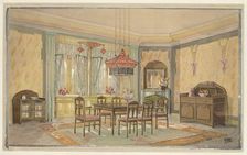 Dining room with yellow walls and red lamp, c.1925. Creator: Monogrammist HK