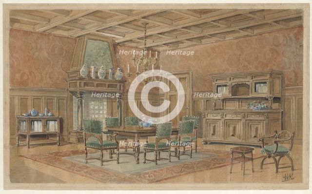 Dining room with chimney in Renaissance style, c.1925. Creator: Monogrammist HK.