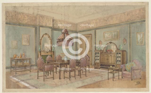 Dining room with cupboard with orange service, c.1925. Creator: Monogrammist HK.