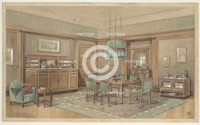 Dining room with green track on top along the walls, c.1925. Creator: Monogrammist HK.