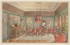 Dining room with red chairs, c.1925. Creator: Monogrammist HK