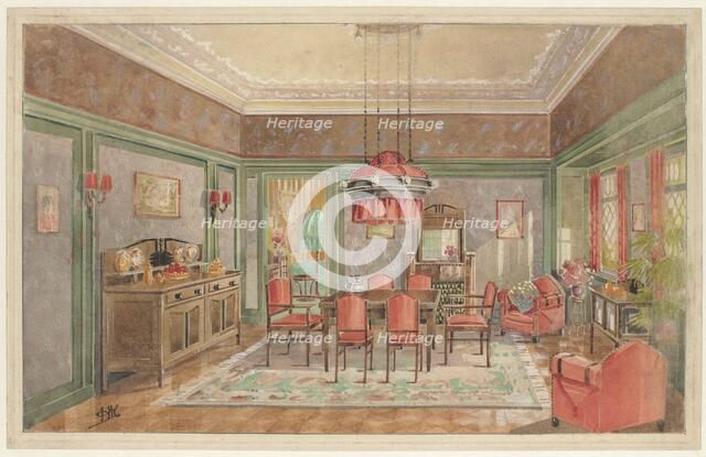Dining room with red chairs, c.1925. Creator: Monogrammist HK.