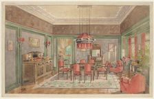 Dining room with red chairs, c.1925. Creator: Monogrammist HK