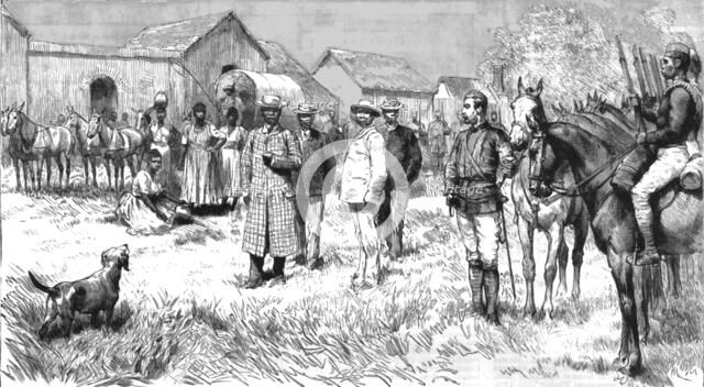 ''Dinizulu, Undabuko and Chingwao, the Exiled Zulu Chiefs, leaving the Goal at Eshowe...', 1890. Creator: Unknown.