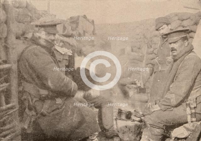 Dinner in the trenches, c1915 (1928). Artist: Unknown.