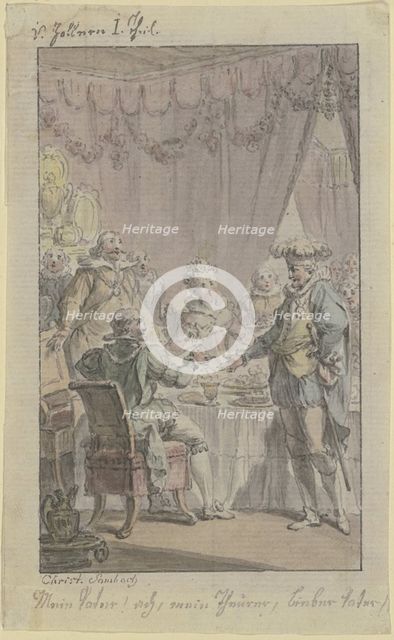 Dinner scene: a knight approaches a laid table and greets a seated man, 18th century. Creator: Christian Sambach.