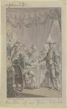 Dinner scene: a knight approaches a laid table and greets a seated man, 18th century. Creator: Christian Sambach