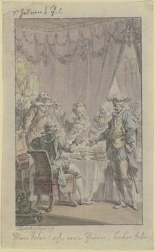Dinner scene: a knight approaches a laid table and greets a seated man, 18th century. Creator: Christian Sambach
