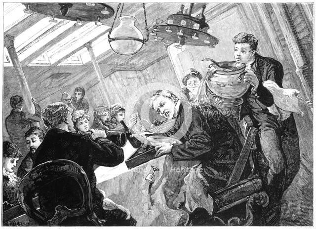 Dinner time in the first class dining saloon of an Atlantic steamer on a stormy day, c1890. Artist: Unknown