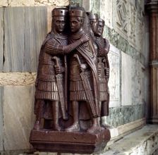 Diocletian (245-313), Roman emperor (284-305), porphyry sculpture outside of San Marco in Venice,…