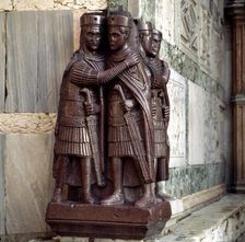 Diocletian (245-313), Roman emperor (284-305), porphyry sculpture outside of San Marco in Venice,…