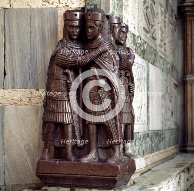 Diocletian (245-313), Roman emperor (284-305), porphyry sculpture outside of San Marco in Venice,…