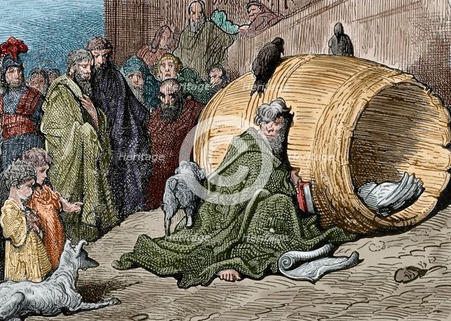 Diogenes (412-323 B.C.), Greek philosopher, sheltering in his barrel. Creator: Unknown.