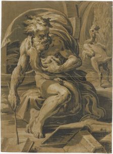 Diogenes, seated before his barrel, reading from a book, a plucked hen standing beh..., ca. 1527-30. Creator: Ugo da Carpi