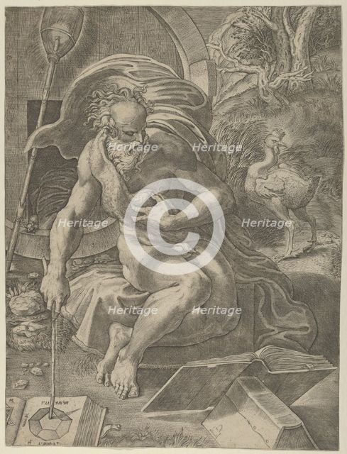 Diogenes seated with his barrel behind him, and reading a book while holding a stic..., ca. 1526-27. Creator: Giovanni Jacopo Caraglio.