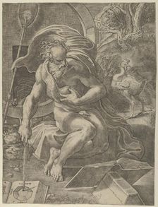 Diogenes seated with his barrel behind him, and reading a book while holding a stic..., ca. 1526-27. Creator: Giovanni Jacopo Caraglio