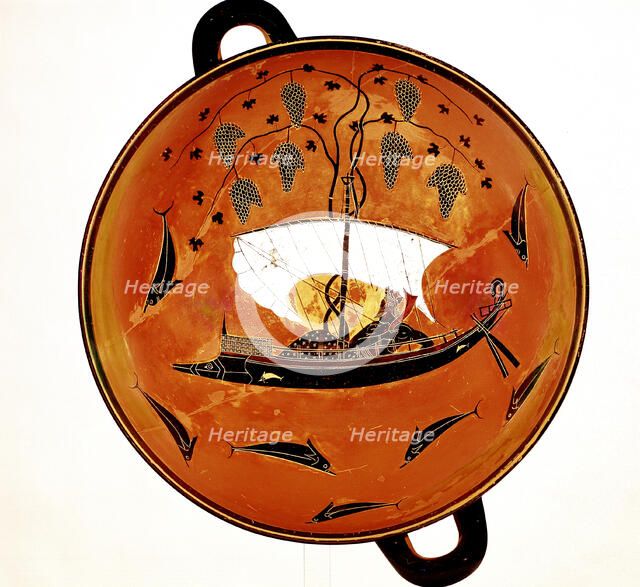 Dionysius in a sailing boat surrounded by dolphins, Ancient Greek dish (Krater), 530 BC. Artist: Unknown