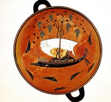 Dionysius in a sailing boat surrounded by dolphins, Ancient Greek dish (Krater), 530 BC