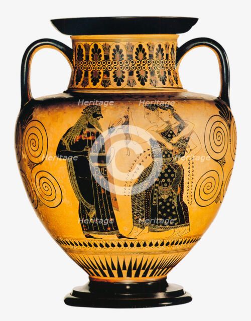 Dionysus and two Maenads. Attic black-figured amphora, ca 550-530 BC.