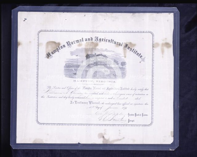 Diploma awarded to William A.Yancey by Hampton Normal and Agricultural Institute, June 12, 1873. Creators: Unknown, Samuel Smith Kilburn.