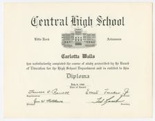 Diploma for Carlotta Walls from Little Rock Central High School, July 8, 1960. Creator: Unknown