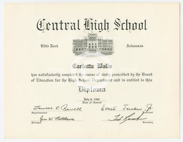 Diploma for Carlotta Walls from Little Rock Central High School, July 8, 1960. Creator: Unknown.