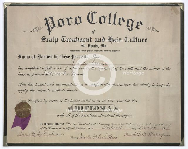 Diploma issued to Lucille Brown from Poro College, March 19, 1915. Creator: Unknown.