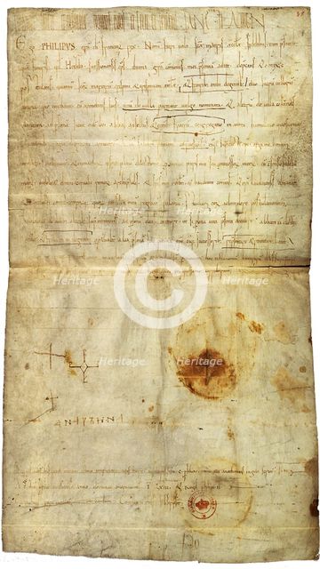 Diploma of Philip I in favor of the Abbey of St. Crépin in Soissons, with signature by Anne of Kiev, Queen of France, 1063. Artist: Medieval Document  