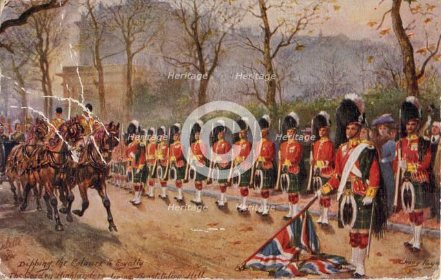 Dipping the Colours to Royalty, the Gordon Highlanders lining Constitution Hill, 1932. Creator: Harry Payne.