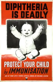 Diptheria is deadly. Protect your child by immunisation WWII poster, between 1939 and 1946. Creators: Central Office of Information, James Henry Dowd