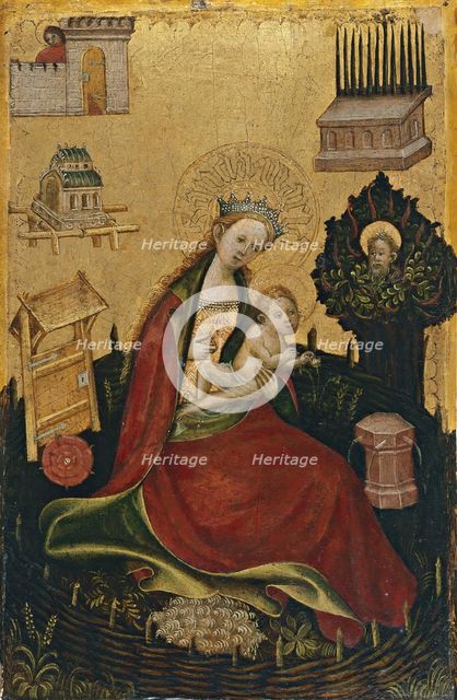 Diptych with symbols of the Virgin and Redeeming Christ: Virgin and Child in the Hortus..., 1410. Creator: Anon.