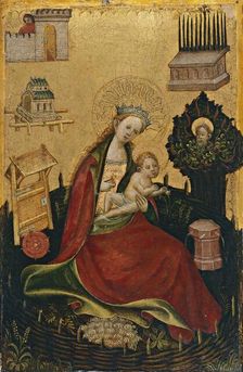 Diptych with symbols of the Virgin and Redeeming Christ: Virgin and Child in the Hortus..., 1410. Creator: Anon