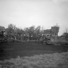Dirt track motorcycle racing, Arlöv, Scania, Sweden, 1947. Creator: Otto Ohm