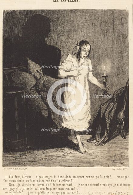 - Dis donc, Bichette..... à quoi songes-tu donc de te promener comme ça la nuit?..., 1844.  Creator: Honore Daumier.
