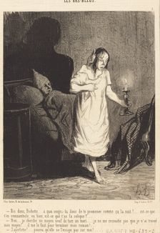 - Dis donc, Bichette..... à quoi songes-tu donc de te promener comme ça la nuit?..., 1844. Creator: Honore Daumier