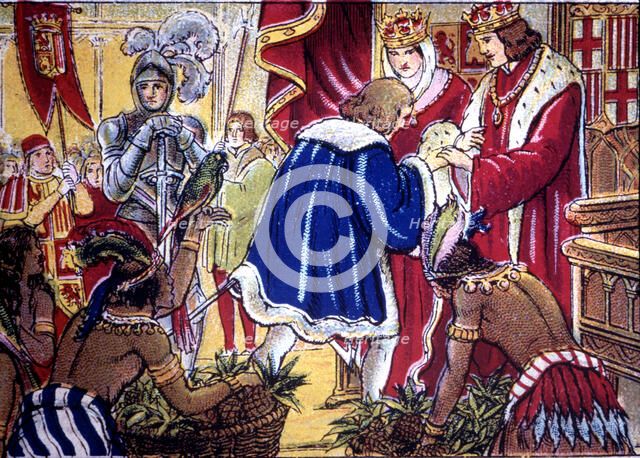 Discovery of America, Christopher Columbus in Barcelona is received by the Catholic Monarchs on A…