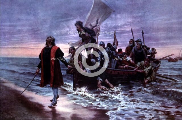 Discovery of America, landing by Christopher Columbus in the first territory discovered..