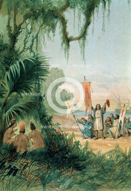 Discovery of America, landing of Columbus at the island of San Salvador on October 12, 1492, taki…