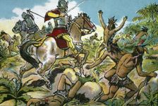 Discovery of America, slaughter of indigenous Anacaona by Spanish soldiers of...15th cent. Creator: Mestre, Albert