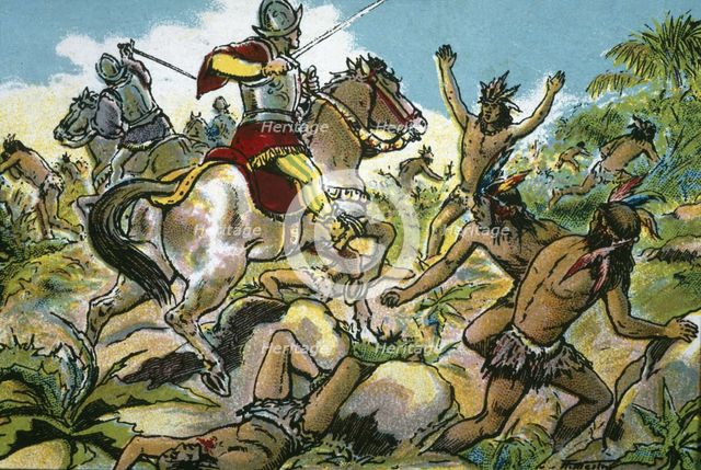 Discovery of America, slaughter of indigenous Anacaona by Spanish soldiers of...15th cent. Creator: Mestre, Albert.